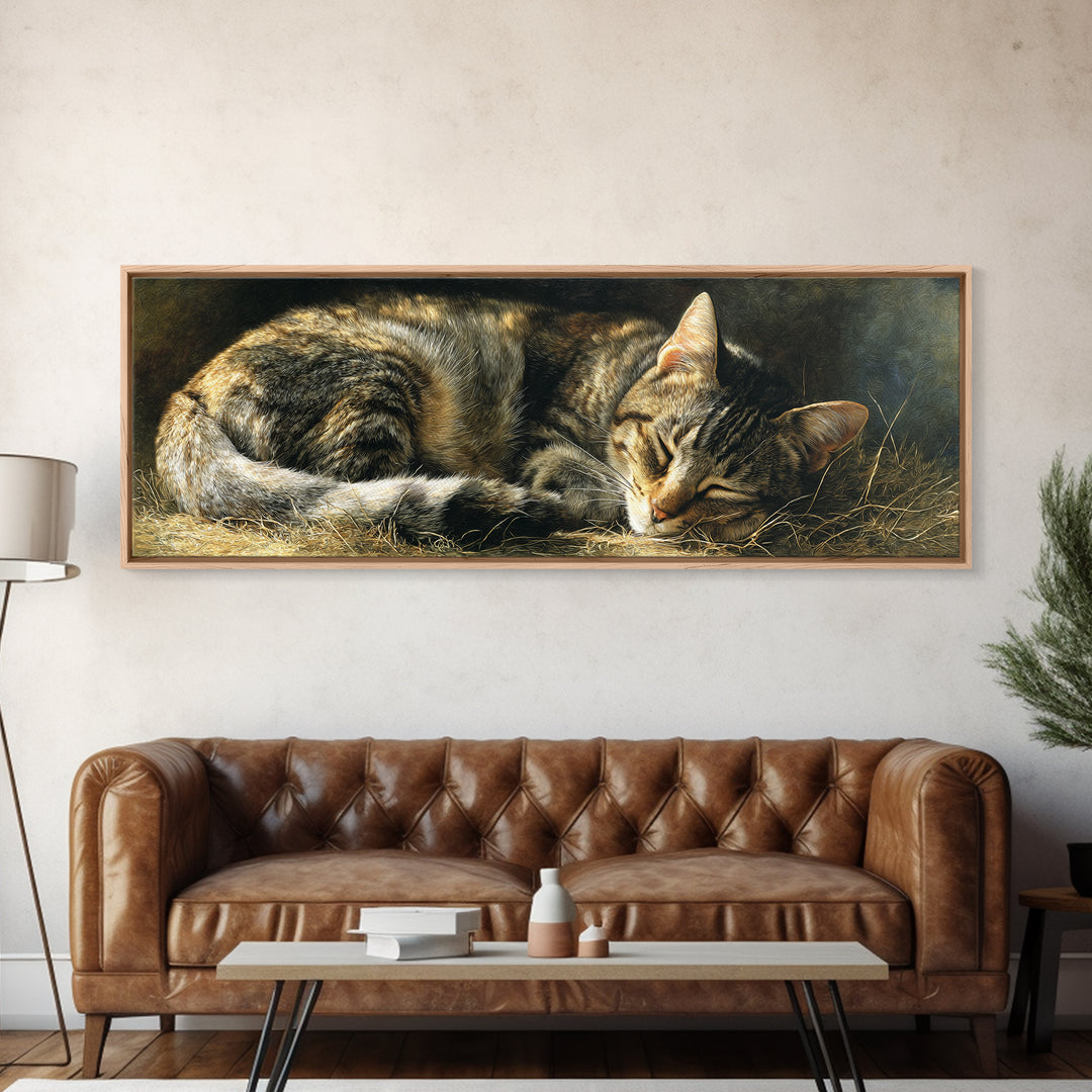 Sleeping Cat Curled Framed Canvas Print, Animal Art, Room Decor, Living Room Decor, Abstract Art, Creature, Printable, ANI-3x1-52