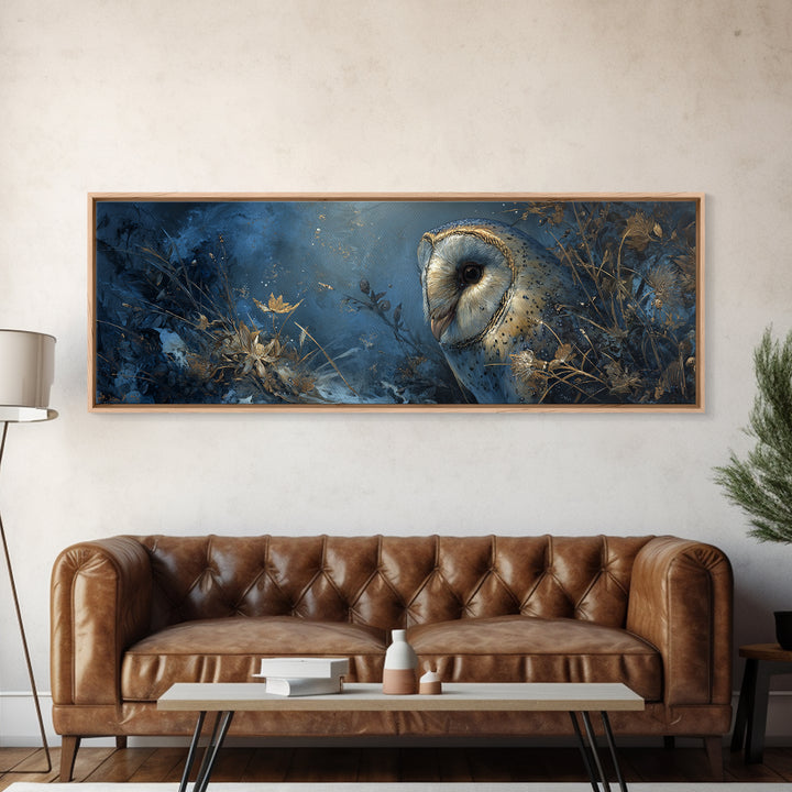 Owl with Moonlit Feathers and Celestial Accents Framed Canvas Print, Animal Art, Contemporary Art, Living Room Decor, Creature, ANI-3x1-55