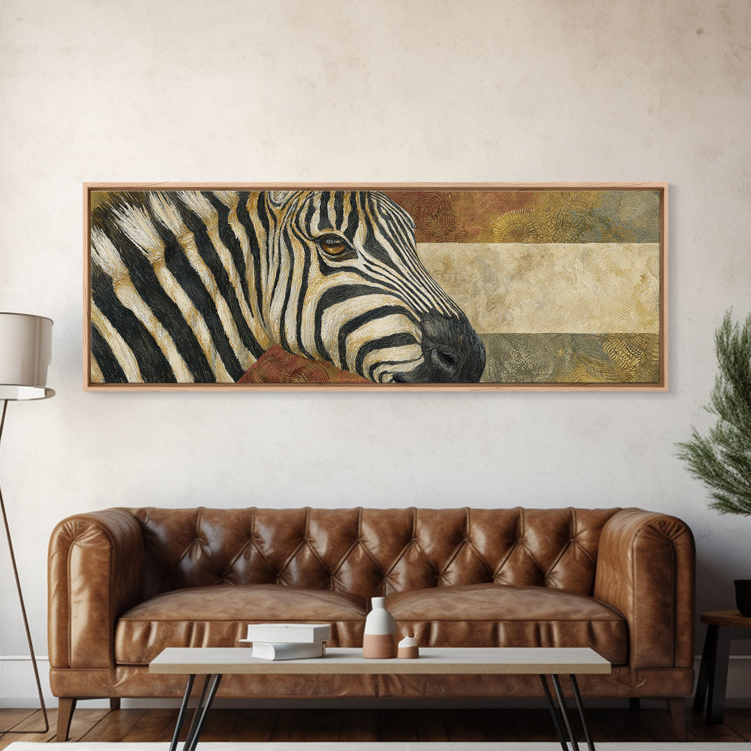 Zebra Portrait with Bold Graphic Stripe Pattern Framed Canvas Print, Animal Art, Living Room Decor, Fine Art, Creature, ANI-3x1-57