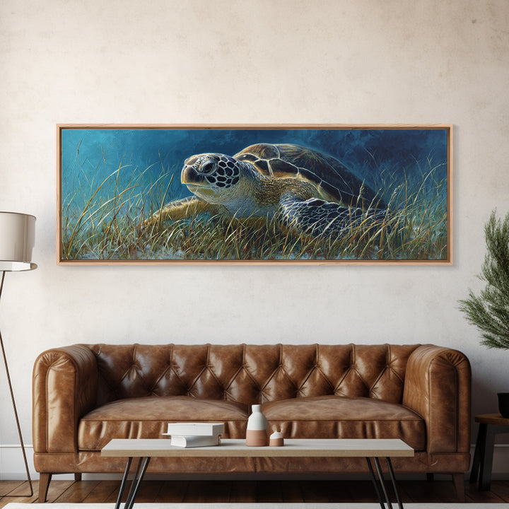 Sea Turtle Drifting Through Luminous Blue Water Framed Canvas Print, Animal Art, Nursery Decor, Living Room Decor, Creature, ANI-3x1-58