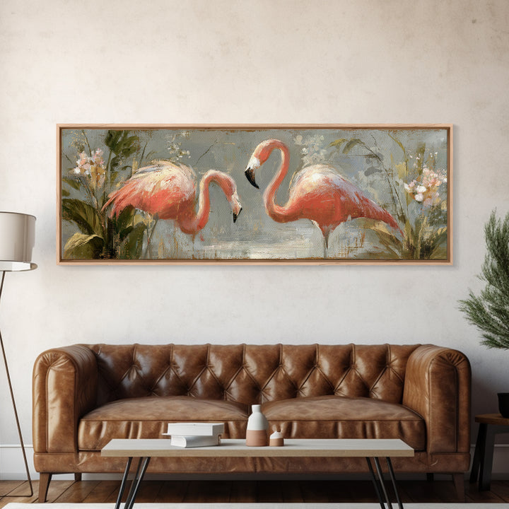 Flamingo Pair in Elegant Coral and Cream Framed Canvas Print, Animal Art, Wall Art, Living Room Decor, Fine Art, Creature, ANI-3x1-59