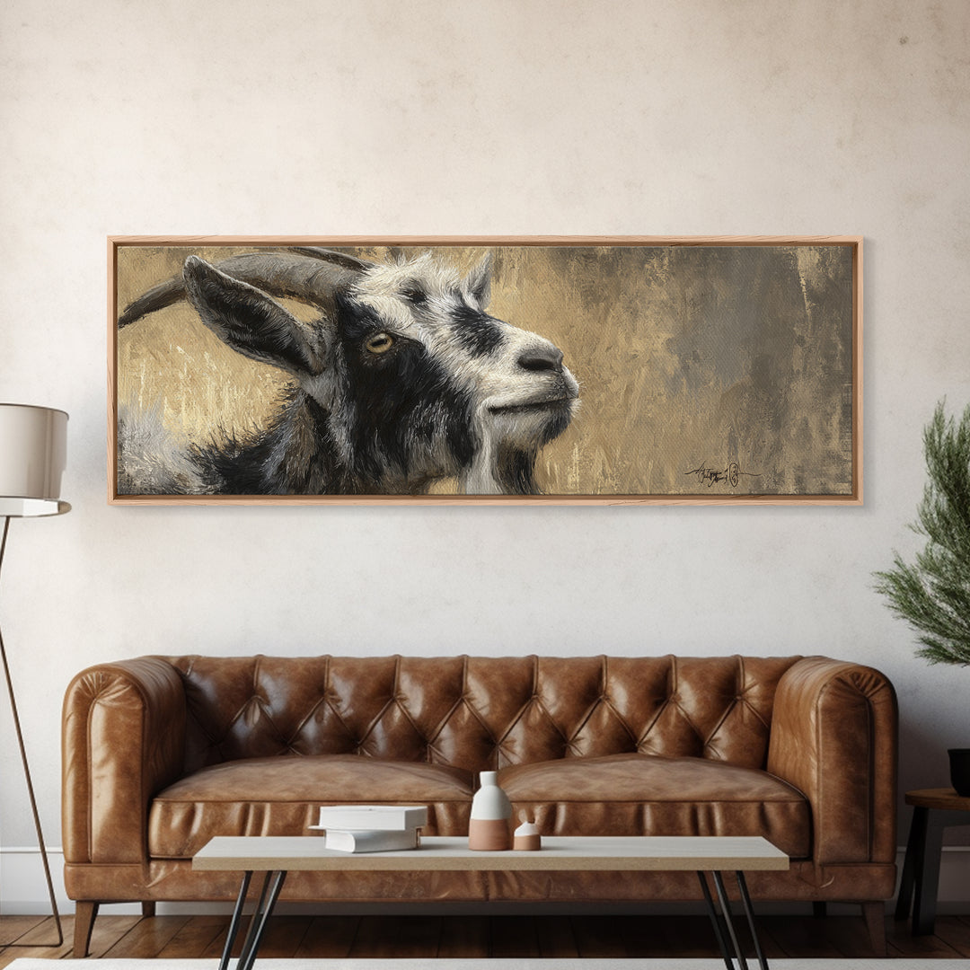 Goat Portrait with Rustic Folk Art Personality Canvas Print, Animal Art, Boho Wall Art, Living Room Decor, Oil Painting, ANI-3x1-61