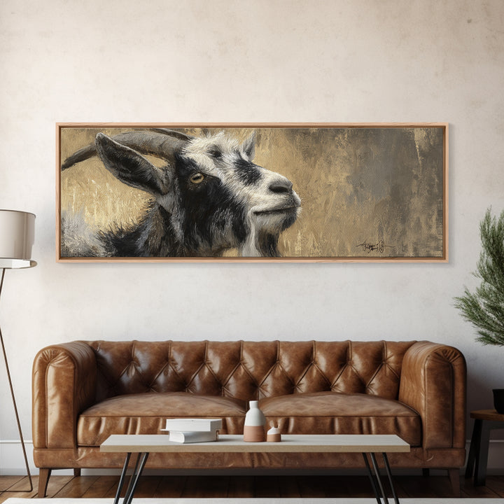 Goat Portrait with Rustic Folk Art Personality Canvas Print, Animal Art, Boho Wall Art, Living Room Decor, Oil Painting, ANI-3x1-61