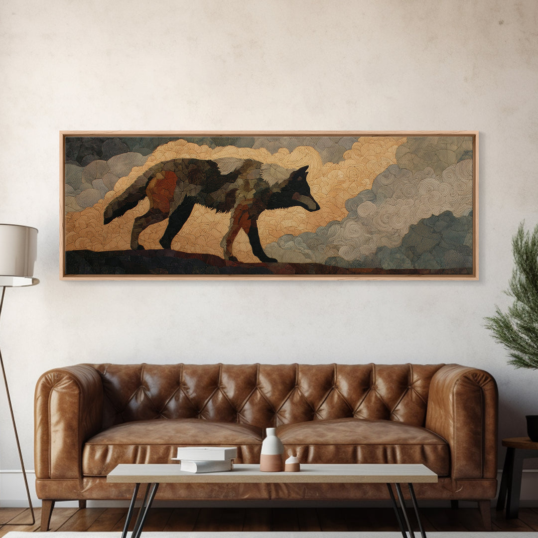 Wolf Silhouette Beneath a Star Filled Sky Canvas Print, Animal Art, Gallery Decor, Living Room Decor, Oil Painting, Creature, ANI-3x1-62
