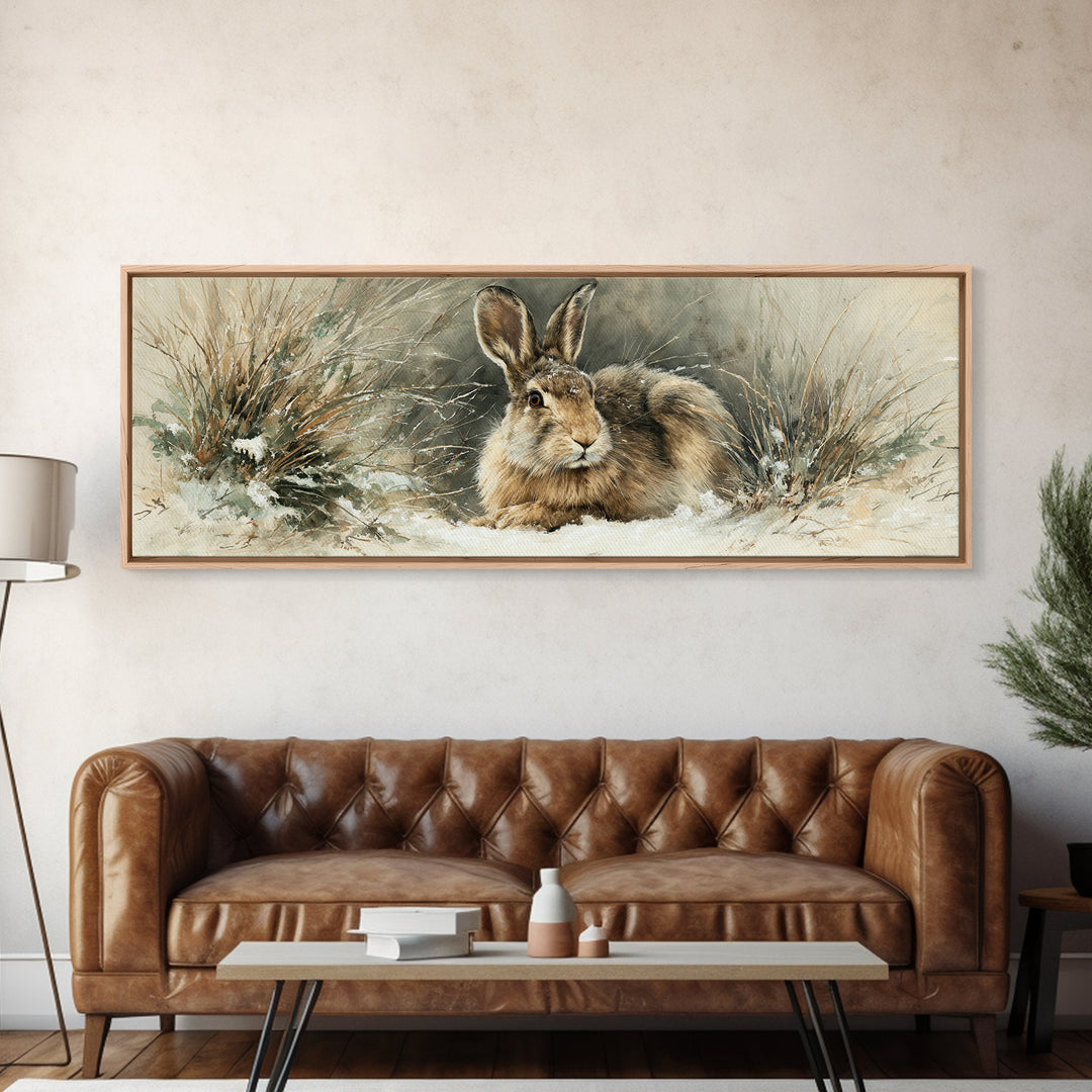 Curious Rabbit in a Soft Watercolor Meadow Framed Canvas Print, Animal Art, Modern Wall Art, Living Room Decor, Creature, ANI-3x1-69