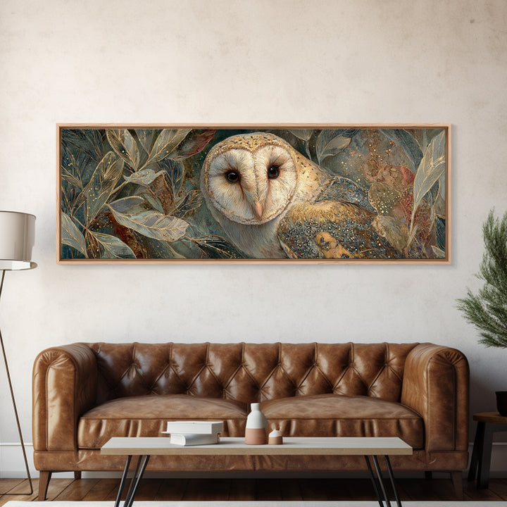 Owl with Moonlit Feathers and Celestial Accents Framed Canvas Print, Animal Art, Neutral Decor, Living Room Decor, Creature, ANI-3x1-7