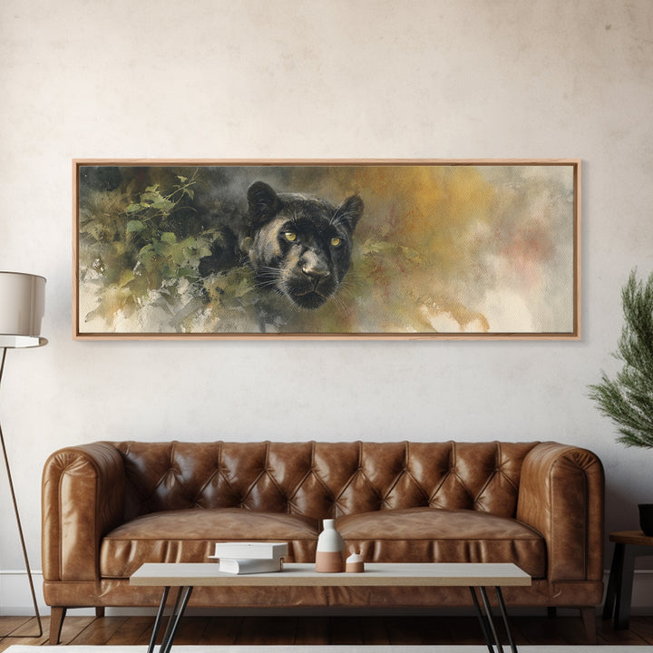 Dramatic Black Panther Emerging from Deep Jungle Canvas Print, Animal Art, Art Print, Living Room Decor, Oil Painting, Creature, ANI-3x1-70