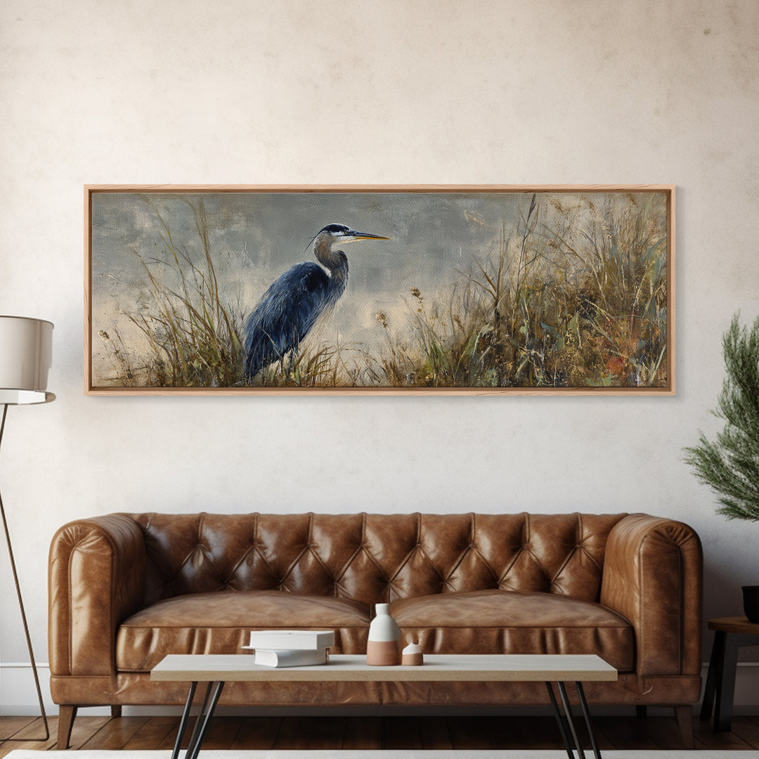 Blue Heron Standing Canvas Print, Animal Art, Original Painting, Living Room Decor, Fine Art, Creature, Boho Wall Art, ANI-3x1-75