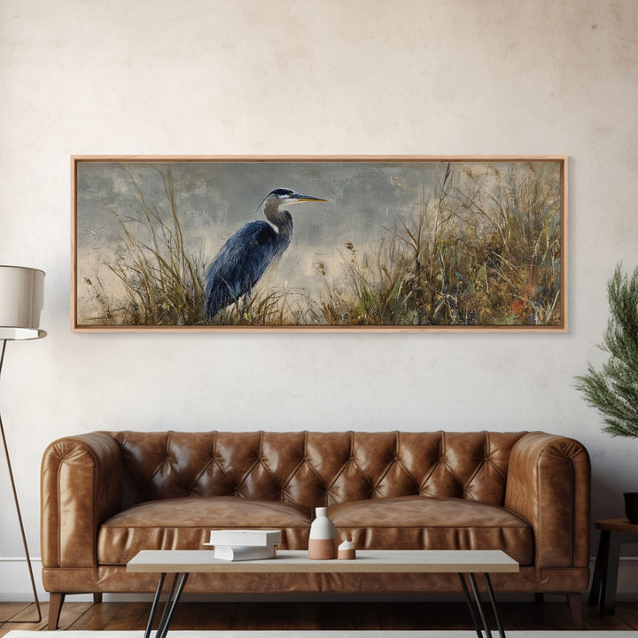 Blue Heron Standing Canvas Print, Animal Art, Original Painting, Living Room Decor, Fine Art, Creature, Boho Wall Art, ANI-3x1-75