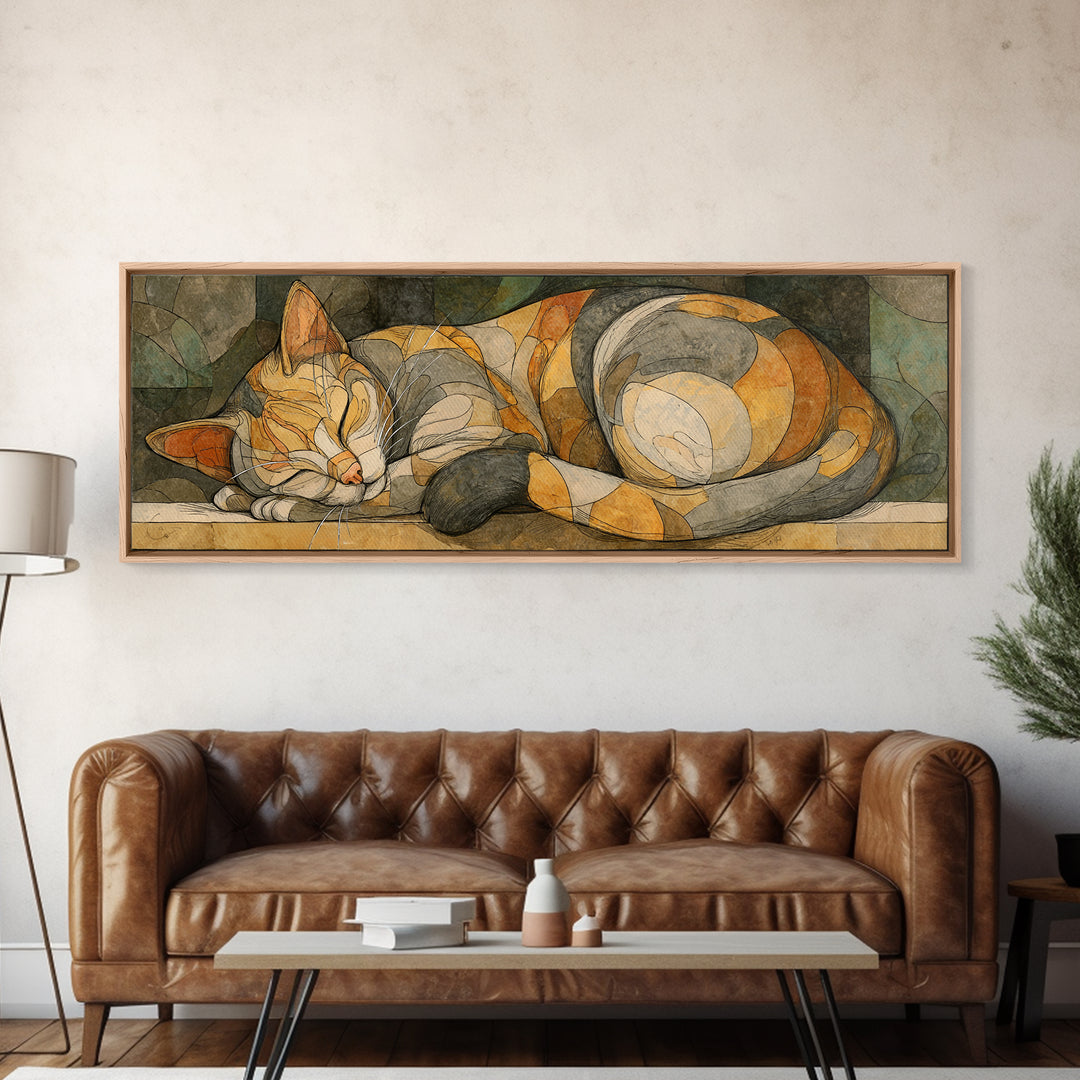 Sleeping Cat Curled Canvas Print, Animal Art, Home Decor, Living Room Decor, Fine Art, Creature, Art Deco, Original Art, ANI-3x1-76