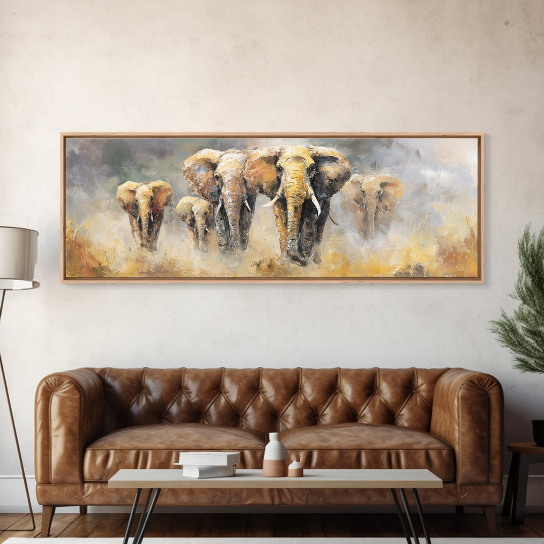Elephant Family Walking Through Dusty Golden Light Canvas Print, Animal Art, Art, Living Room Decor, Fine Art, Creature, ANI-3x1-78