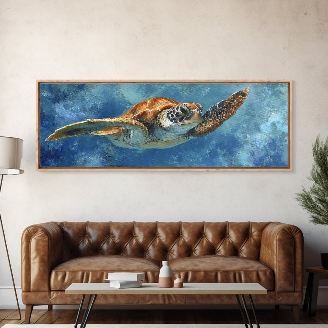 Sea Turtle Drifting Through Luminous Blue Water Framed Canvas Print, Animal Art, Nursery Decor, Living Room Decor, Creature, ANI-3x1-82