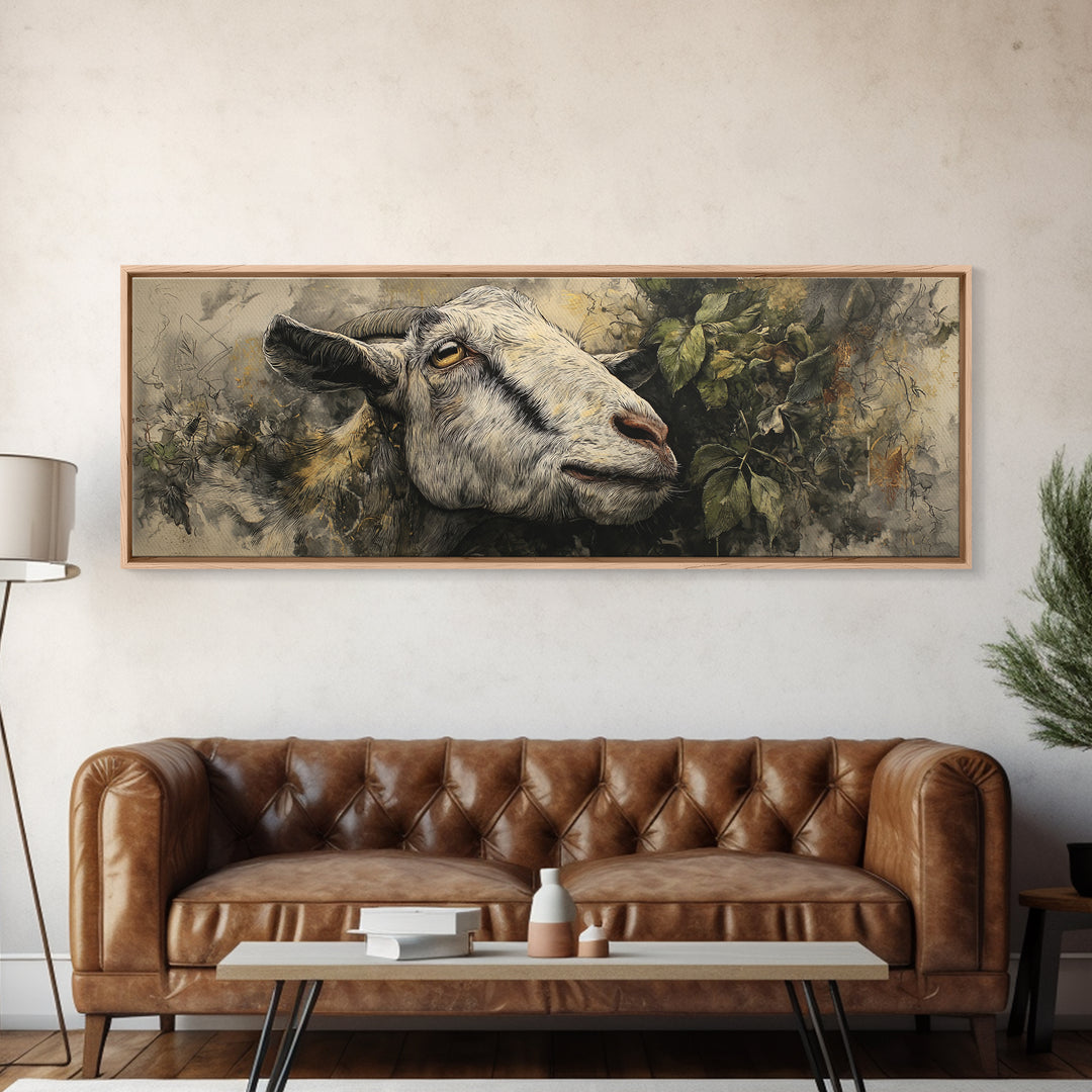 Goat Portrait with Rustic Folk Art Personality Canvas Print, Animal Art, Boho Wall Art, Living Room Decor, Oil Painting, ANI-3x1-85