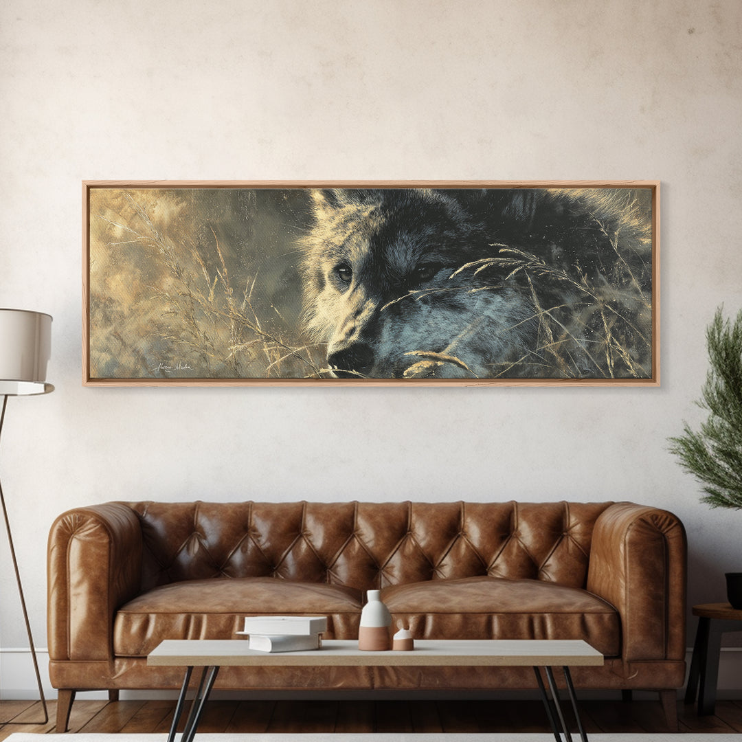 Wolf Silhouette Beneath a Star Filled Sky Canvas Print, Animal Art, Living Room Decor, Watercolor Art, Creature, ANI-3x1-86