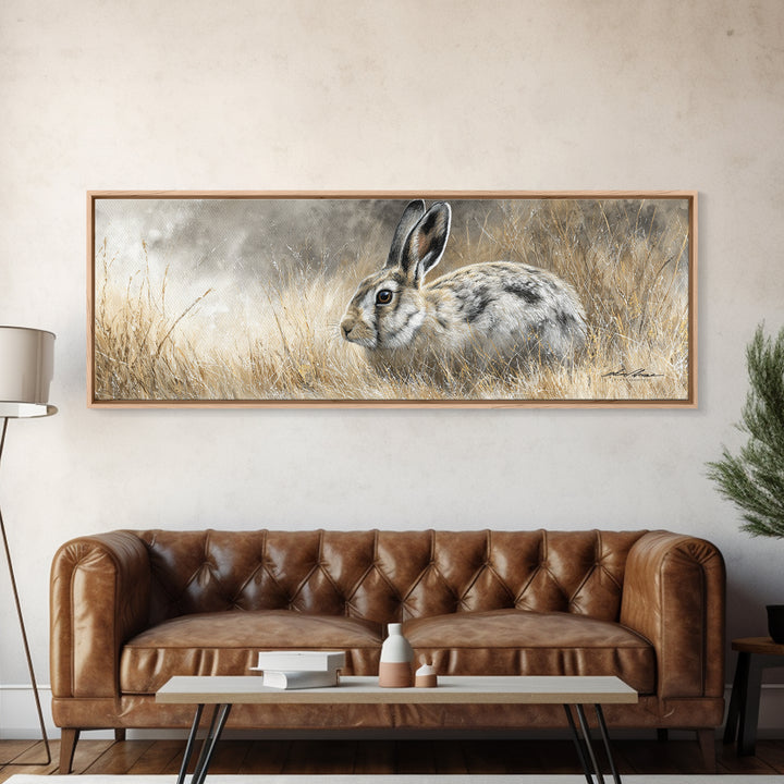 Curious Rabbit in a Soft Watercolor Meadow Canvas Print, Animal Art, Downloadable Art, Living Room Decor, Oil Painting, ANI-3x1-93