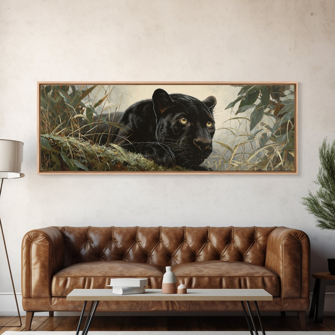 Dramatic Black Panther Emerging from Deep Jungle Canvas Print, Animal Art, Printable Art, Living Room Decor, Watercolor Art, ANI-3x1-94