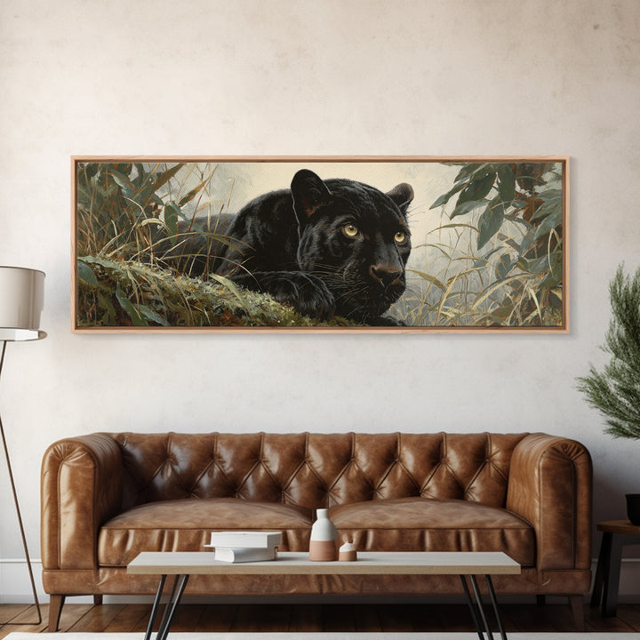 Dramatic Black Panther Emerging from Deep Jungle Canvas Print, Animal Art, Printable Art, Living Room Decor, Watercolor Art, ANI-3x1-94