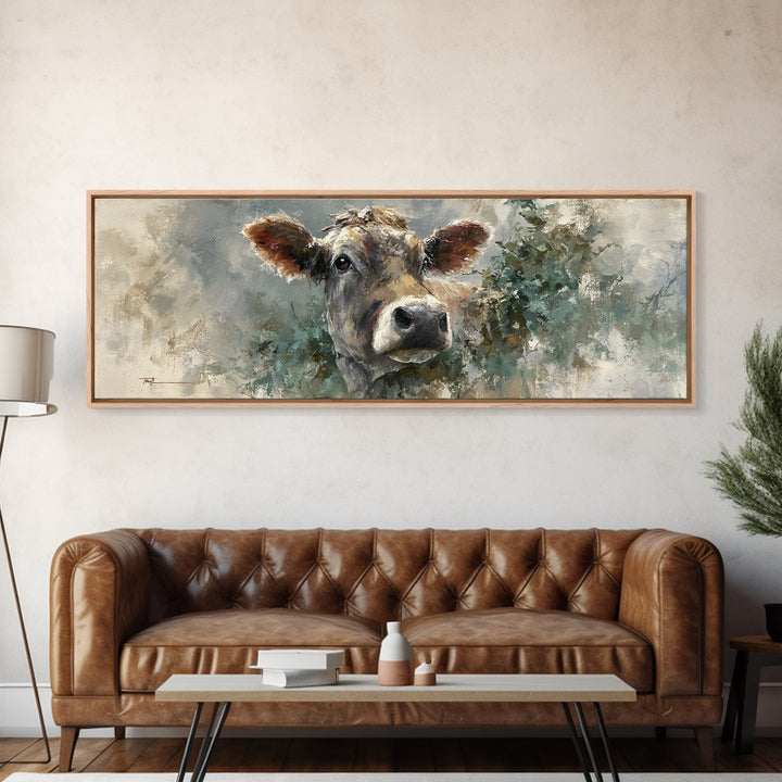 Gentle Cow Portrait Canvas Print, Animal Art, Textured Painting, Living Room Decor, Fine Art, Creature, Printable Wall Art, ANI-3x1-95