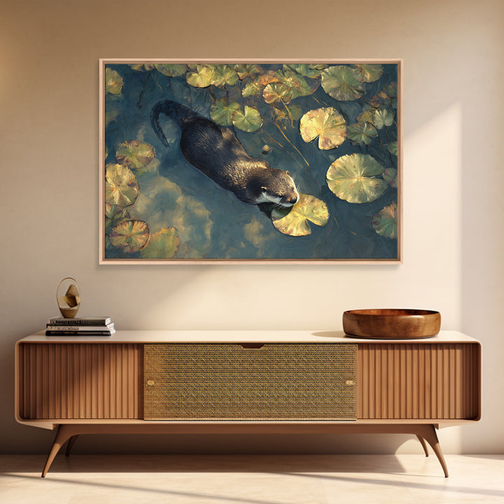 Playful Otter Floating Among Lily Pads Canvas Print, Animal Art, Nursery Decor, Living Room Decor, Fine Art, Creature, ANI-3x2-12