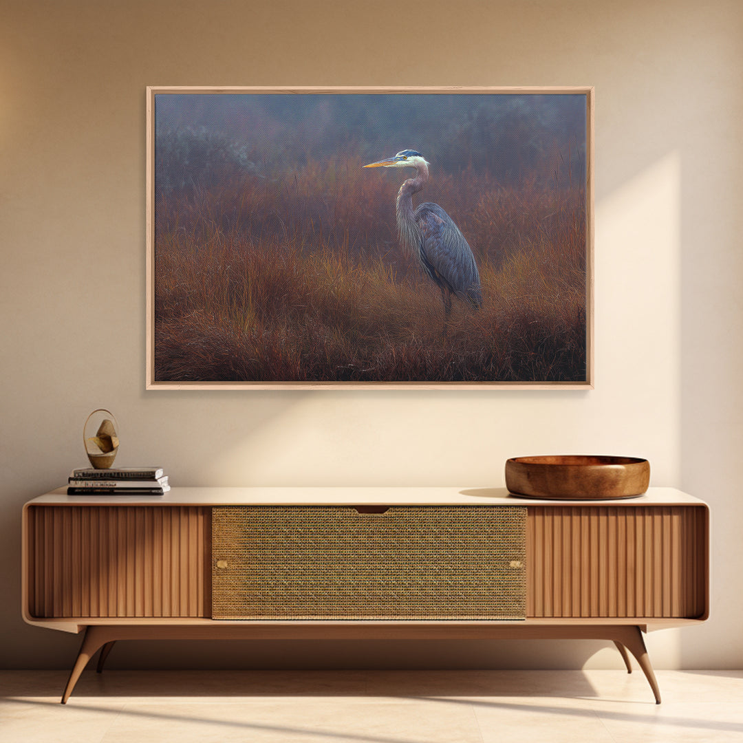Blue Heron Standing Framed Canvas Print, Animal Art, Printable Wall Art, Living Room Decor, Fine Art, Creature, Boho Wall Art, ANI-3x2-15