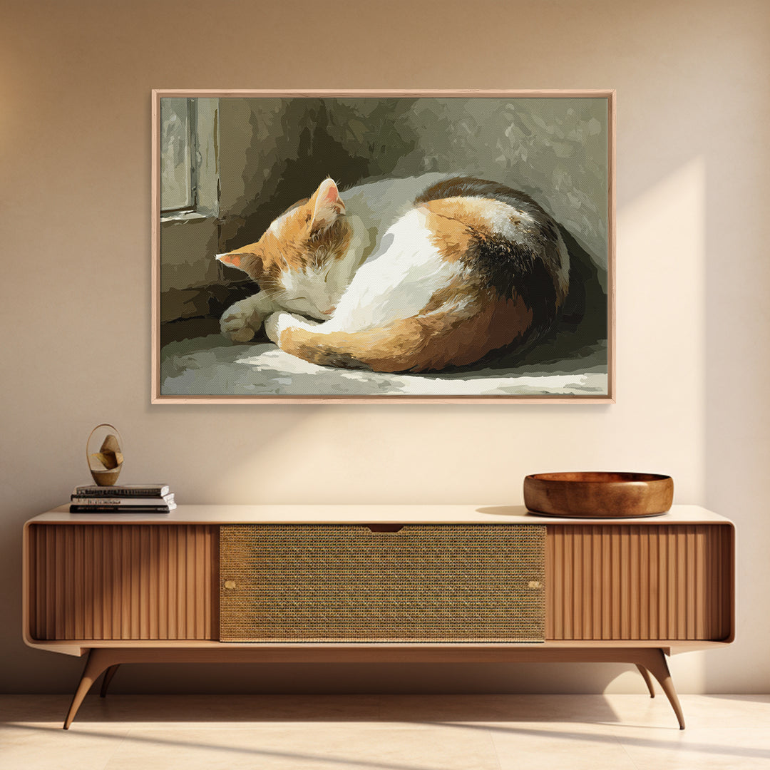 Sleeping Cat Curled Canvas Print, Animal Art, Art Deco, Living Room Decor, Watercolor Art, Creature, Cat Art, ANI-3x2-16