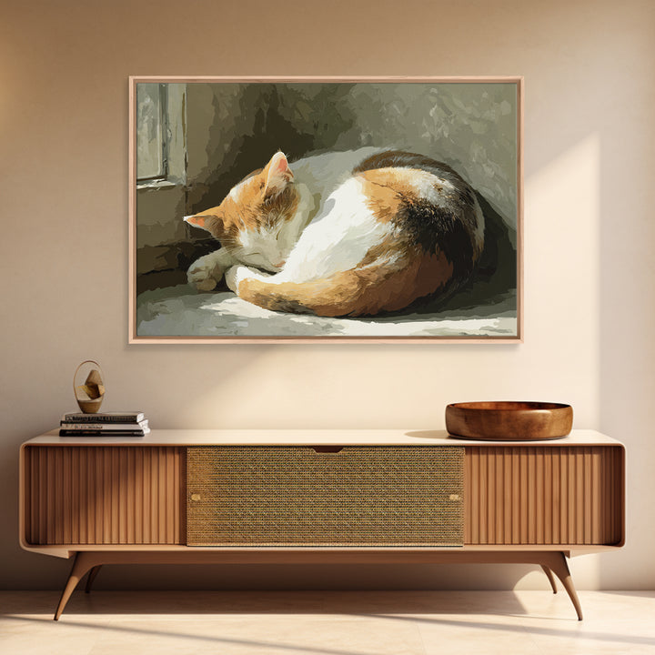Sleeping Cat Curled Canvas Print, Animal Art, Art Deco, Living Room Decor, Watercolor Art, Creature, Cat Art, ANI-3x2-16
