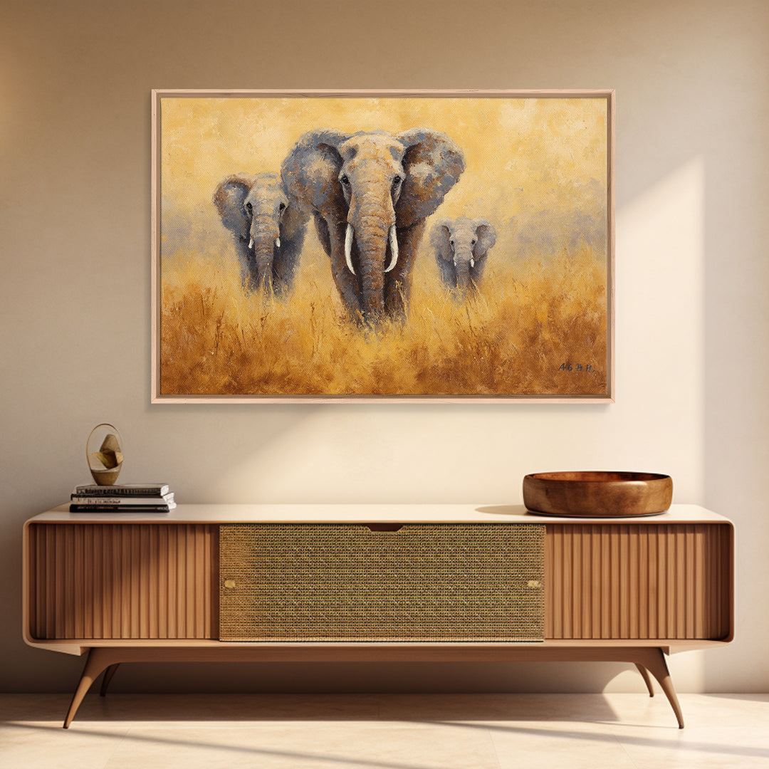 Elephant Family Walking Through Dusty Golden Light Framed Canvas Print, Animal Art, Printable, Living Room Decor, Creature, ANI-3x2-18