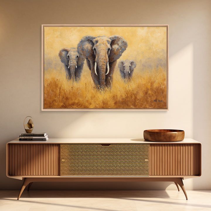 Elephant Family Walking Through Dusty Golden Light Framed Canvas Print, Animal Art, Printable, Living Room Decor, Creature, ANI-3x2-18