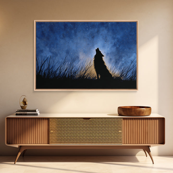 Wolf Silhouette Beneath a Star Filled Sky Framed Canvas Print, Animal Art, Decor, Living Room Decor, Fine Art, Creature, ANI-3x2-2