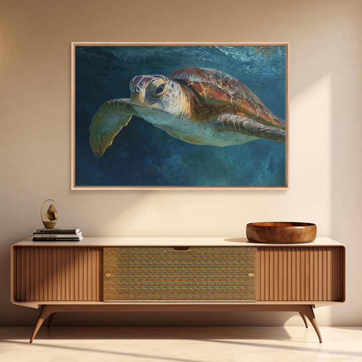 Sea Turtle Drifting Through Luminous Blue Water Canvas Print, Animal Art, Living Room Decor, Oil Painting, Creature, ANI-3x2-22