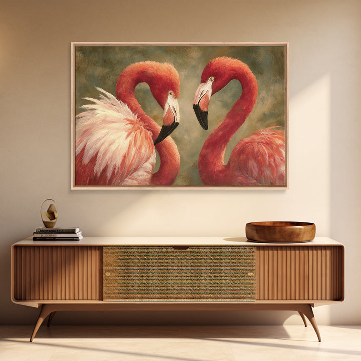Flamingo Pair in Elegant Coral and Cream Framed Canvas Print, Animal Art, Digital Print, Living Room Decor, Fine Art, Creature, ANI-3x2-23