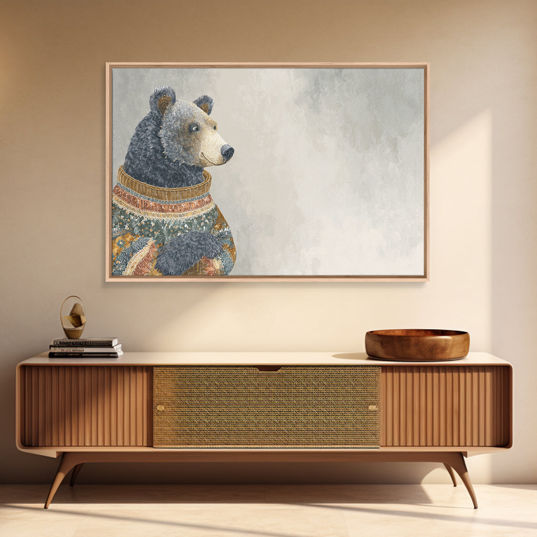 Whimsical Bear in a Patterned Sweater with Canvas Print, Animal Art, Digital Print, Living Room Decor, Fine Art, Creature, ANI-3x2-30