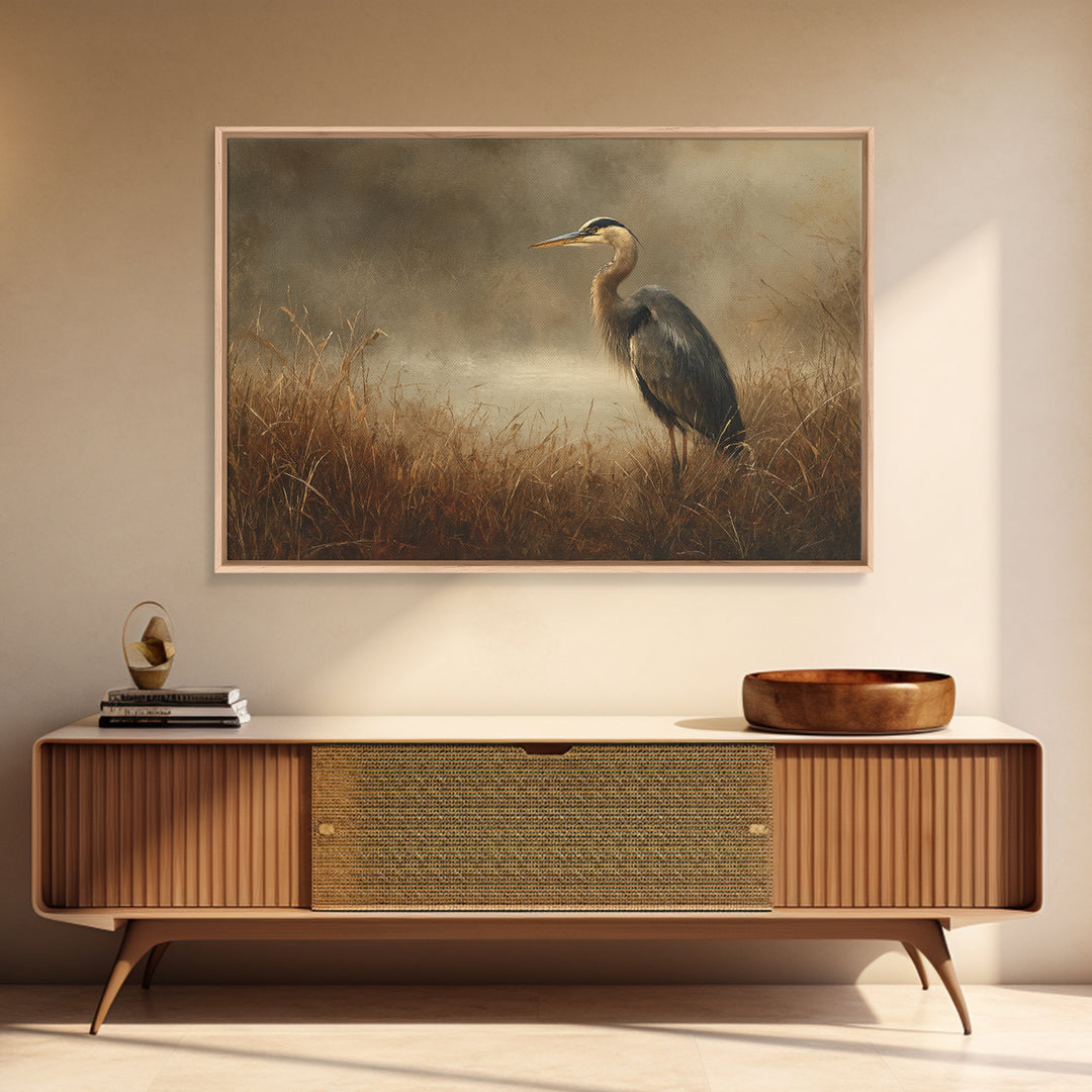 Blue Heron Standing Framed Canvas Print, Animal Art, Neutral Decor, Living Room Decor, Fine Art, Creature, Wall Art, Home Decor, ANI-3x2-39