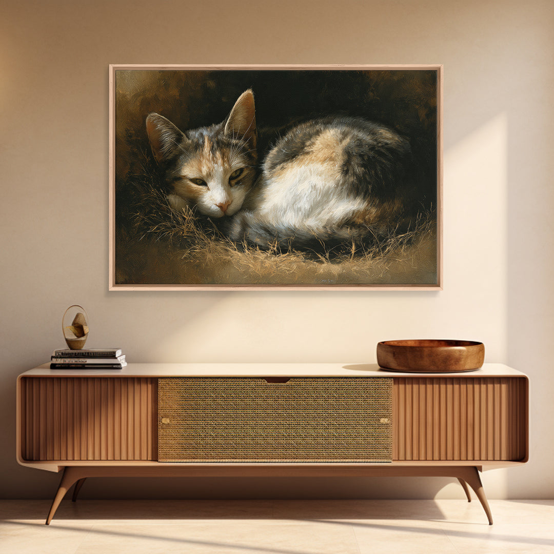 Sleeping Cat Curled Framed Canvas Print, Animal Art, Farmhouse Decor, Living Room Decor, Oil Painting, Creature, Neutral Decor, ANI-3x2-40
