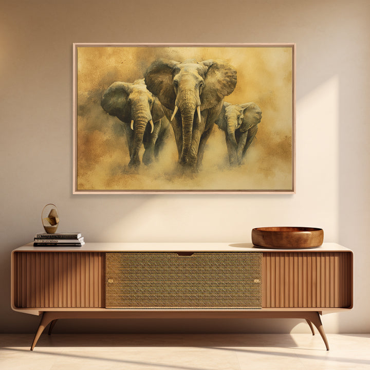 Elephant Family Walking Through Dusty Golden Light Canvas Print, Animal Art, Art Deco, Living Room Decor, Fine Art, Creature, ANI-3x2-42