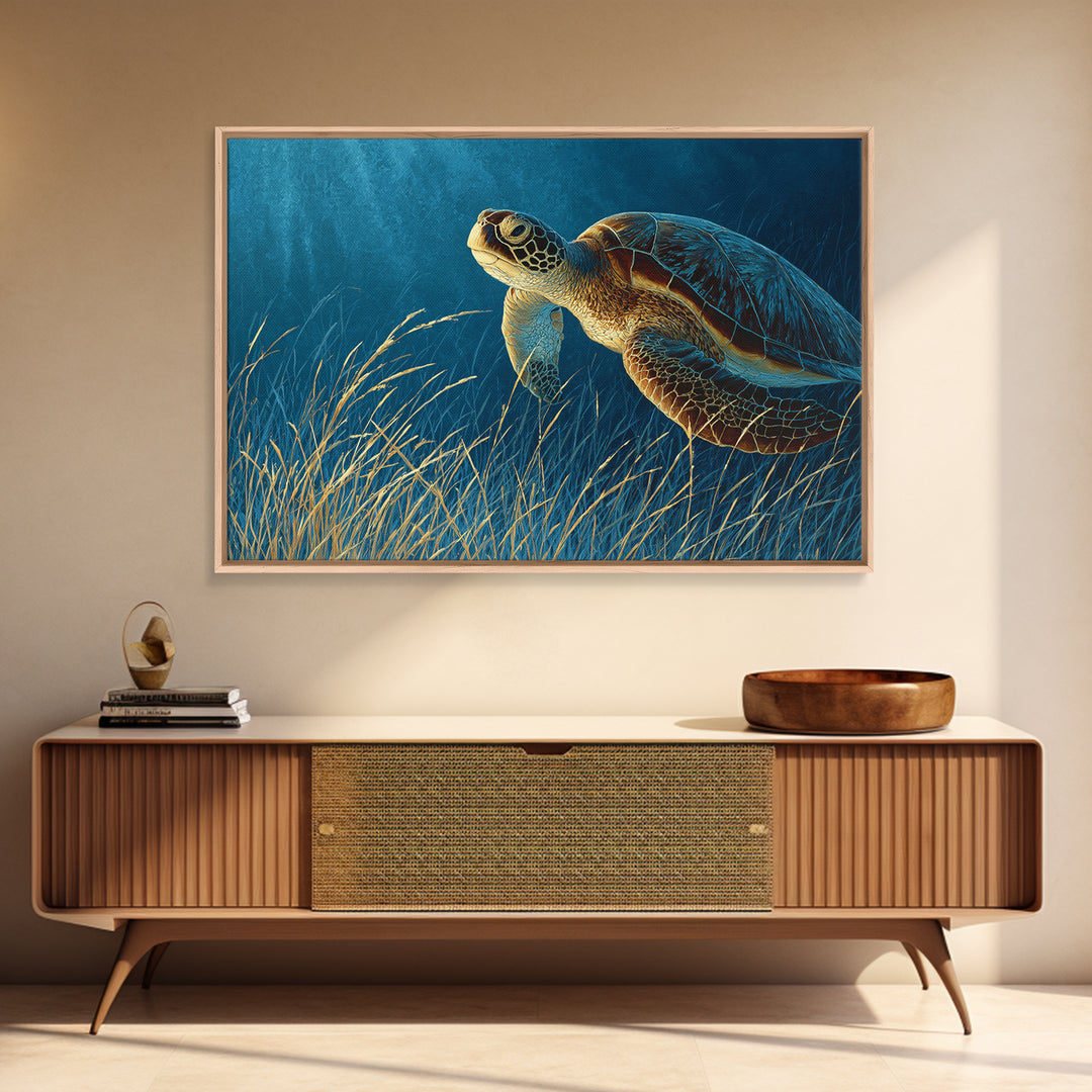 Sea Turtle Drifting Through Luminous Blue Water Framed Canvas Print, Animal Art, Original Art, Living Room Decor, Creature, ANI-3x2-46