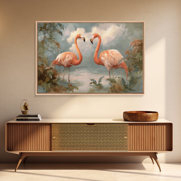Flamingo Pair in Elegant Coral and Cream Framed Canvas Print, Animal Art, Room Decor, Living Room Decor, Oil Painting, Creature, ANI-3x2-47