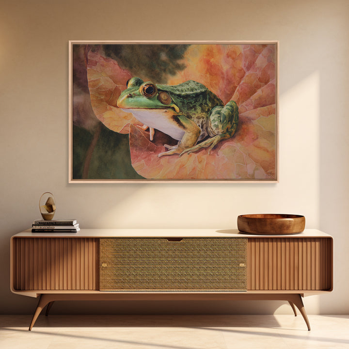 Frog on a Lotus Leaf Canvas Print, Animal Art, Living Room Decor, Fine Art, Creature, Fine Art Print, Statement Artwork, ANI-3x2-48