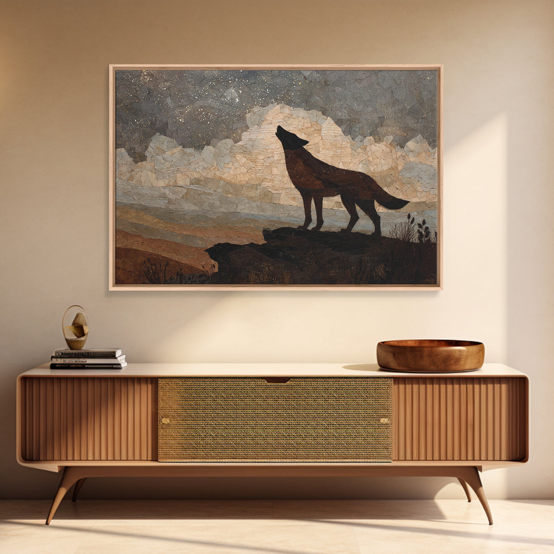 Wolf Silhouette Beneath a Star Filled Sky Framed Canvas Print, Animal Art, Nursery Wall Art, Living Room Decor, Oil Painting, ANI-3x2-50