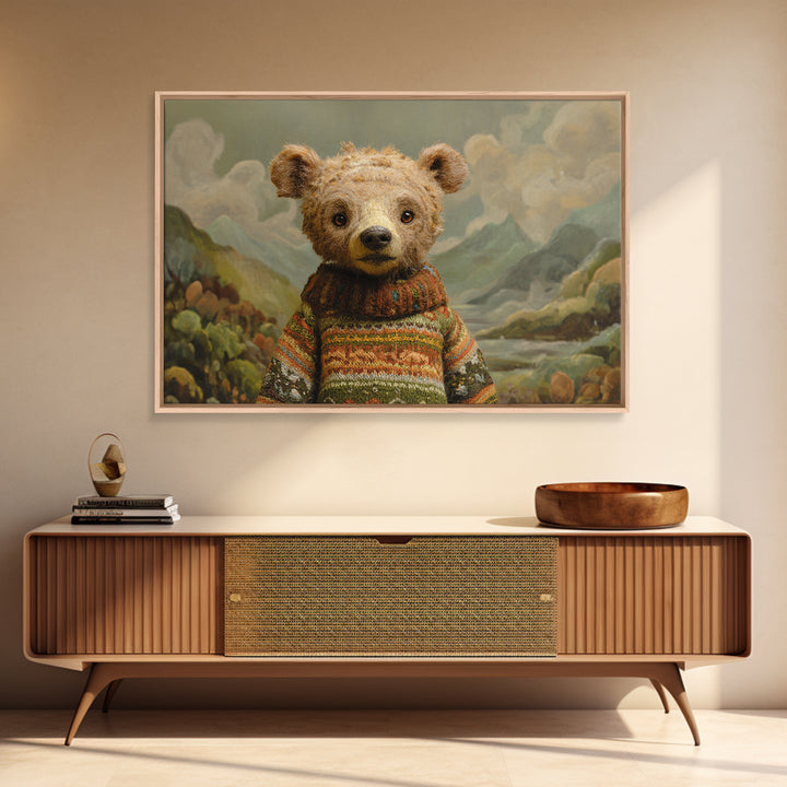 Whimsical Bear in a Patterned Sweater with Canvas Print, Animal Art, Digital Print, Living Room Decor, Fine Art, Creature, ANI-3x2-54