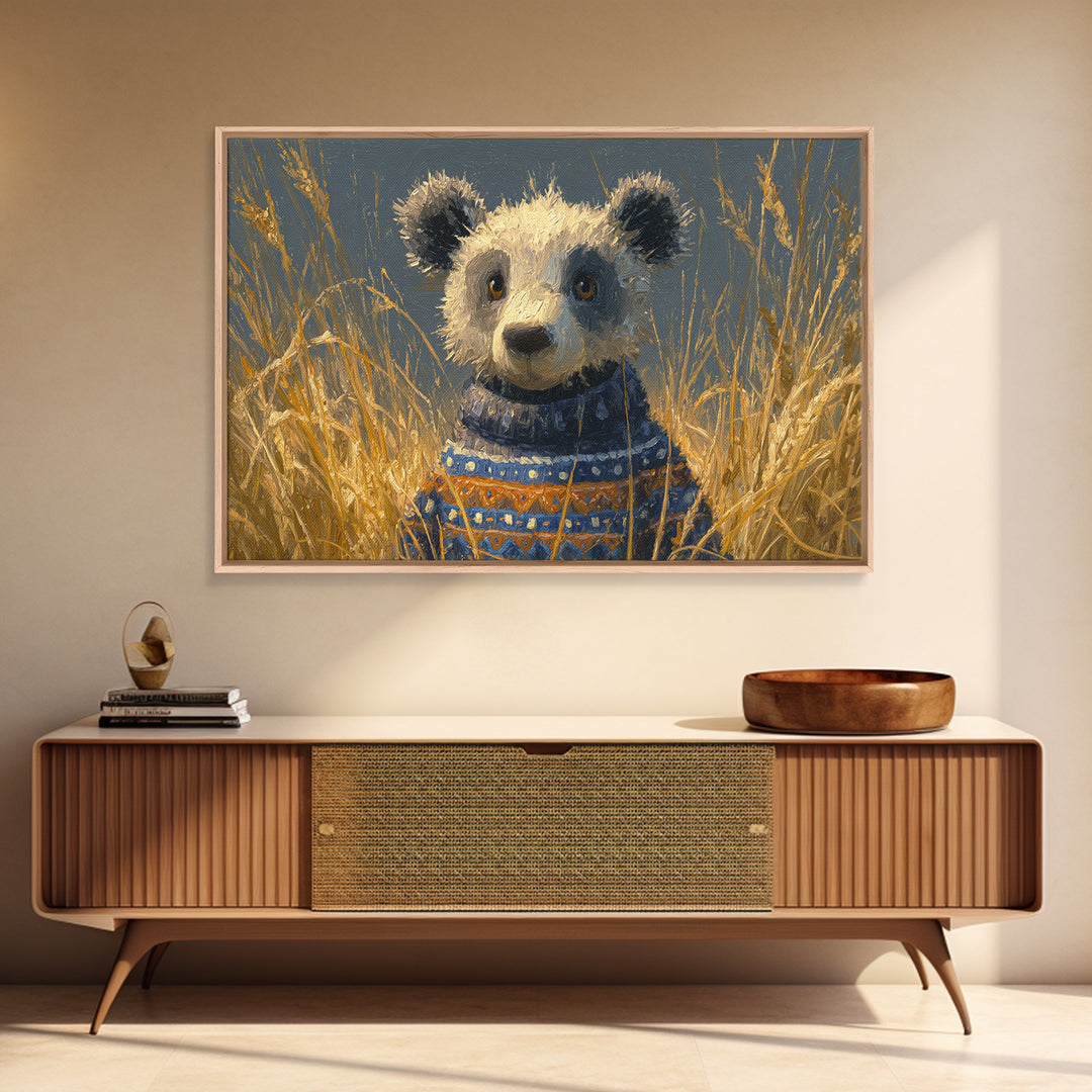 Whimsical Bear in a Patterned Sweater with Framed Canvas Print, Animal Art, Oil Painting, Living Room Decor, Fine Art, Creature, ANI-3x2-6