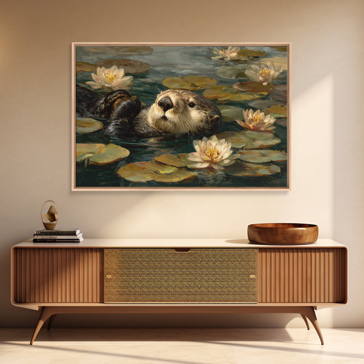 Playful Otter Floating Among Lily Pads Framed Canvas Print, Animal Art, Downloadable Art, Living Room Decor, Fine Art, Creature, ANI-3x2-60