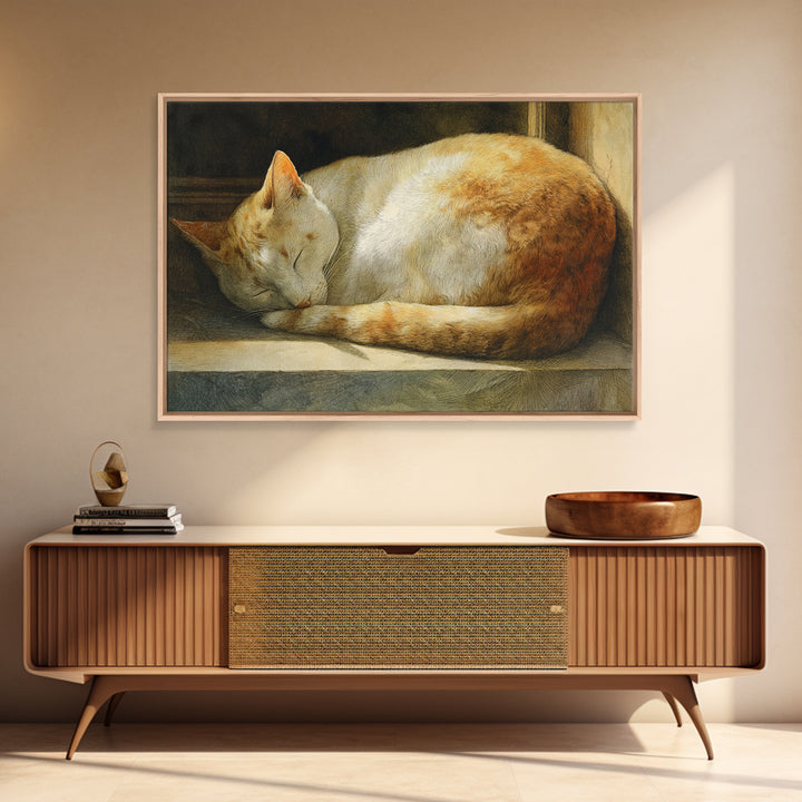 Sleeping Cat Curled Framed Canvas Print, Animal Art, Gallery Decor, Living Room Decor, Abstract Art, Creature, Contemporary Art, ANI-3x2-64