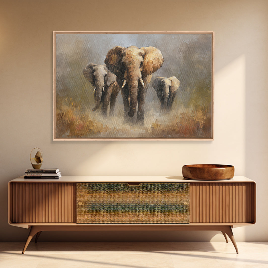 Elephant Family Walking Through Dusty Golden Light Canvas Print, Animal Art, Art Deco, Living Room Decor, Fine Art, Creature, ANI-3x2-66