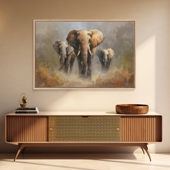 Elephant Family Walking Through Dusty Golden Light Canvas Print, Animal Art, Art Deco, Living Room Decor, Fine Art, Creature, ANI-3x2-66