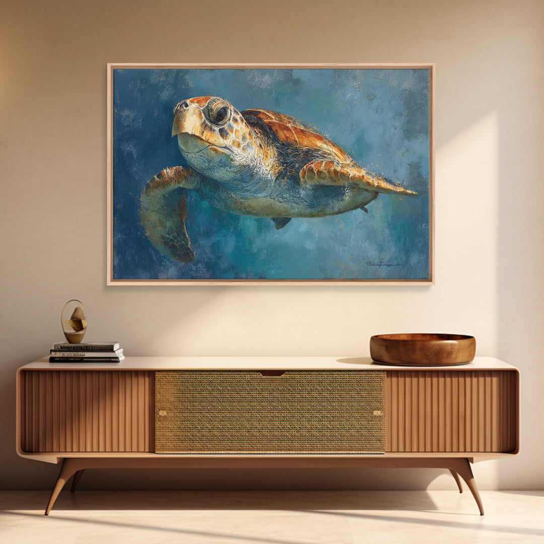 Sea Turtle Drifting Through Luminous Blue Water Framed Canvas Print, Animal Art, Original Art, Living Room Decor, Creature, ANI-3x2-70
