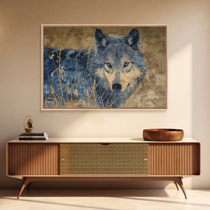Wolf Silhouette Beneath a Star Filled Sky Framed Canvas Print, Animal Art, Nursery Wall Art, Living Room Decor, Oil Painting, ANI-3x2-74