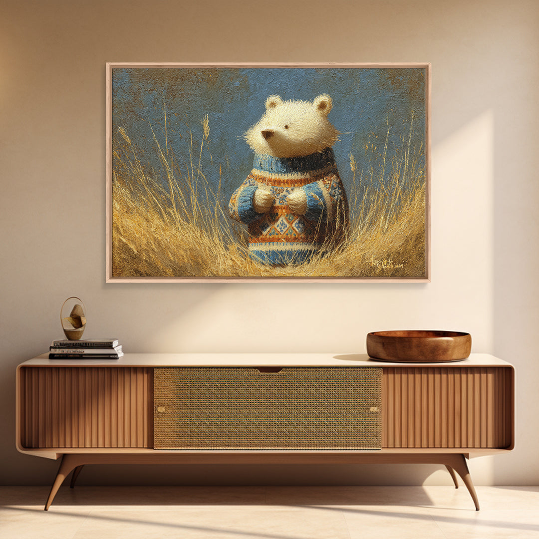 Whimsical Bear in a Patterned Sweater with Framed Canvas Print, Animal Art, Boho Wall Art, Living Room Decor, Creature, ANI-3x2-78