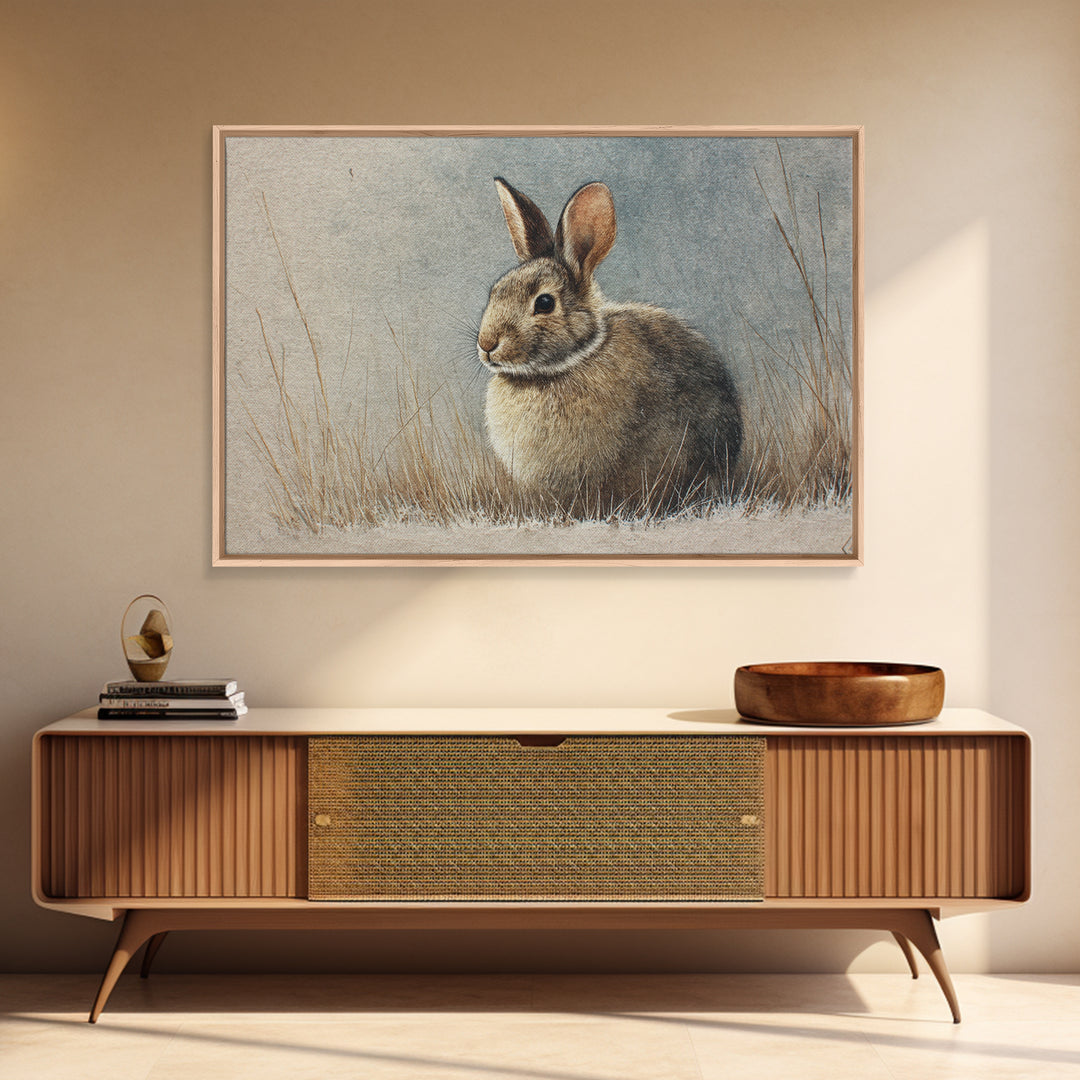 Curious Rabbit in a Soft Watercolor Meadow Framed Canvas Print, Animal Art, Cat Art, Living Room Decor, Fine Art, Creature, ANI-3x2-81