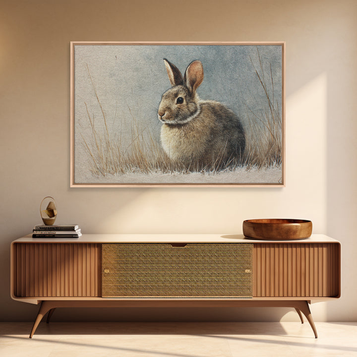 Curious Rabbit in a Soft Watercolor Meadow Framed Canvas Print, Animal Art, Cat Art, Living Room Decor, Fine Art, Creature, ANI-3x2-81